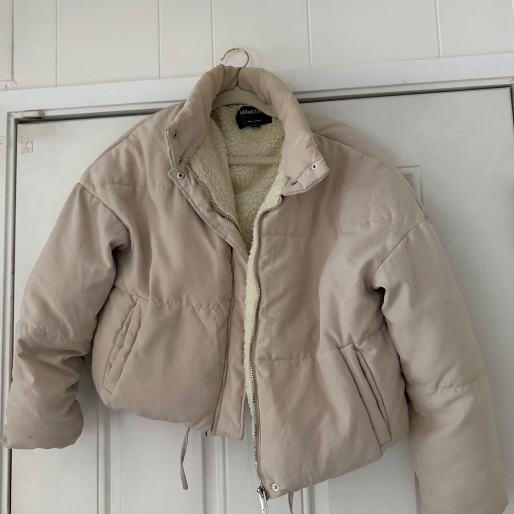 Milano Women's super cute double layered spring, crop Cream Puffer Jacket. Stay - Picture 4 of 12